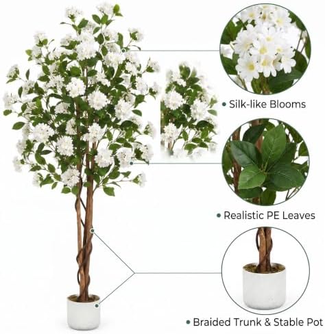 Garvee Artificial Osmanthus Tree with Planter, 6 ft Faux Plant with 252 Lifelike White Flowers & Natural Wood Trunk, Fake Floor Flower for Indoor Outdoor Decor - Image 6