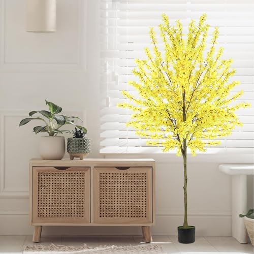 6Ft Tall Artificial Forsythia Tree, Fake Tree Faux Silk Plant with Plastic Nursery Pot,Artificial Plants for Home Office Indoor Decor(Yellow) - Image 3