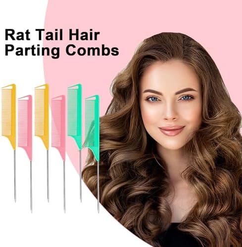 6 PCS Rat Tail Hair Parting Combs - Steel Pin Rat Tail Teasing Fine Tooth Comb Set for Women,Rattail Styling Metal Comb with Stainless Steel Pintail,Carbon Heat Resistant Comb for Curly Braiding Hair - Image 3