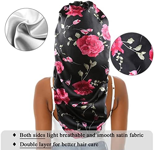 Extra Large Satin Bonnet Sleep Cap for Women, Double-Layer Silky Hair Bonnet with Tie Band for Braids/Curly/Long Hair - Black Floral - Image 3