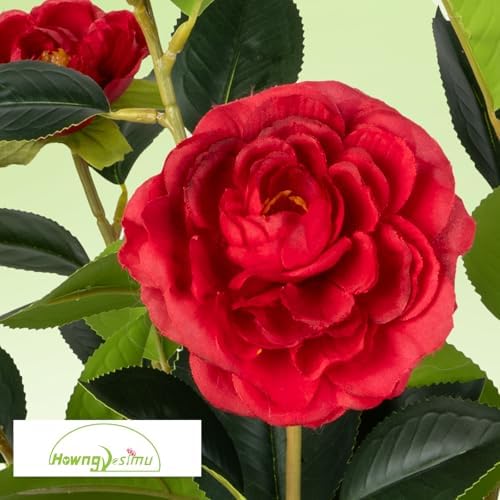 2 Pack Artificial Camellia Tree with White Pot, 24" Faux Potted Plants for Indoor Outdoor Decor, Tall Silk Greenery Plant for Home Office Living Room Balcony, Red - Image 2