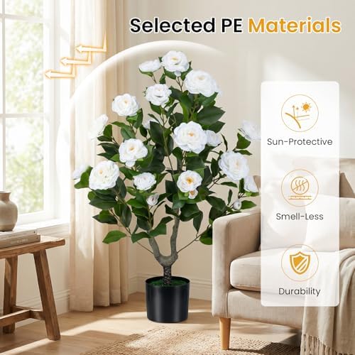 Goplus 35.5’’ Artificial Camellia Tree, Flower Plants Artificial Tree - Image 7