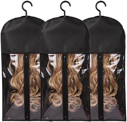 3PCS Hair Extension Holder Wig Storage Bags with Hanger Wig Holder for Multiple Wigs Hanger Dust-proof Storage Organizer with Hook Hair Extensions, wigs & accessories (Black) by AIHOPESTO
