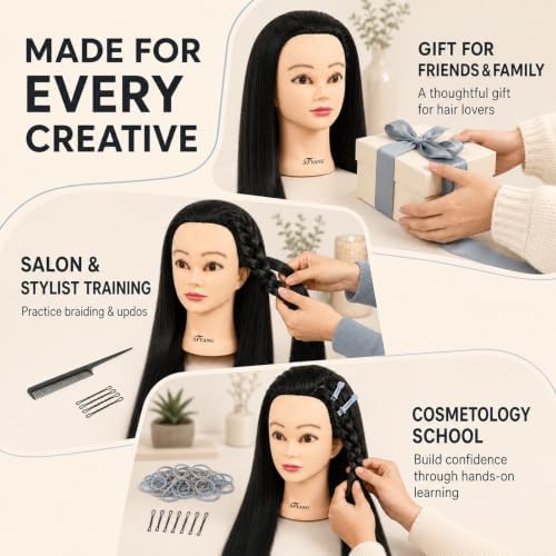 26-28 Inch Synthetic Fiber Mannequin Head for Braiding Styling Cutting Cosmetology Practice Doll with Clamp Stand for Makeup Training (Black) - Image 5