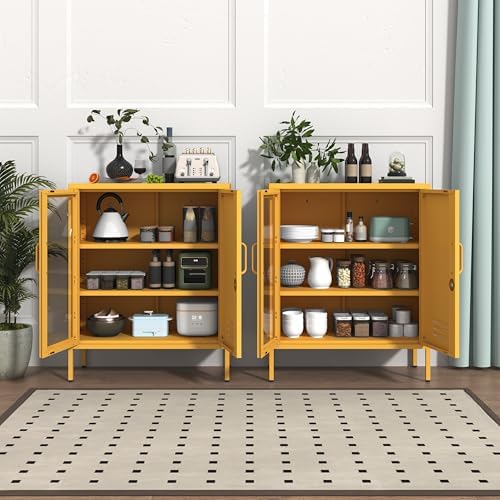 Yellow Food Storage Cabinet with Lock, 2-Door Steel Cabinet, 2 Adjustable Shelves, Metal Pantry Locker Freestanding Kitchen Storage Locker for Dining Room Living Room Size:33" H X 29.5" W X 13.8" D - Image 4