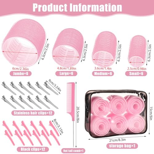 4 Sizes Self-Grip Hair Rollers Set for Long, Short Hair and Bangs - 50 Pcs with Clips (25mm, 36mm, 48mm, 60mm), Pink - Image 2