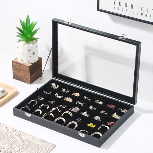Coward Ring Earring Jewelry Organizer Box, 35 Grids Dustproof Display Holder Case, Black Velvet Jewelry Bead Display Tray Case with Transparent Glass Lid for Momen Girls - Image 5