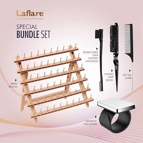 Laflare Braiding Rack for Hair with Comb Set & Braid Gel Wristband & Rack (Braid Extension Holder with 60 Pegs) with Braiding Accessories 5pc Set (PPCOM3) - PP Material - Storage Rack - Image 2