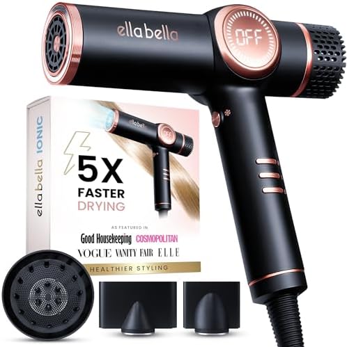 ELLA BELLA® Ionic Hair Dryer with Diffuser - Negative Ion Blow Dryer, Quiet by ellabella