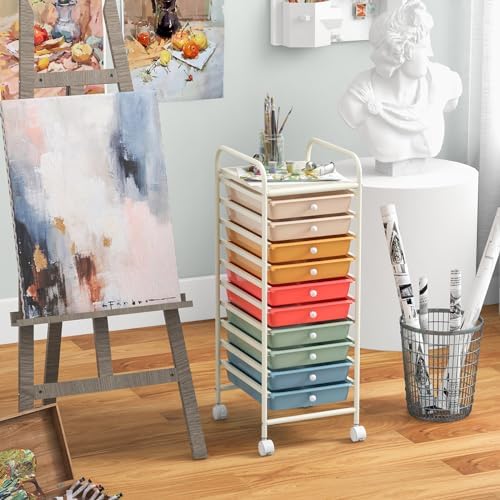 Giantex 10-Drawer Rolling Storage Cart w/Wheels, Handle, Removable Drawers, Mobile Organizer Storage Unit, Trolley Utility Cart for Home Kitchen Makeup Living Room Office Play Room - Image 4
