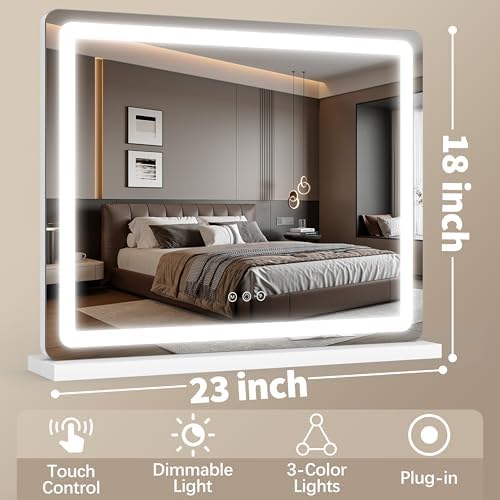 FENNIO 23" x 18" Vanity Mirror with Lights, LED Makeup Mirror, Hollywood Mirror with 3 Color Modes & Adjustable Brightness, Vanity Mirror White - Image 5