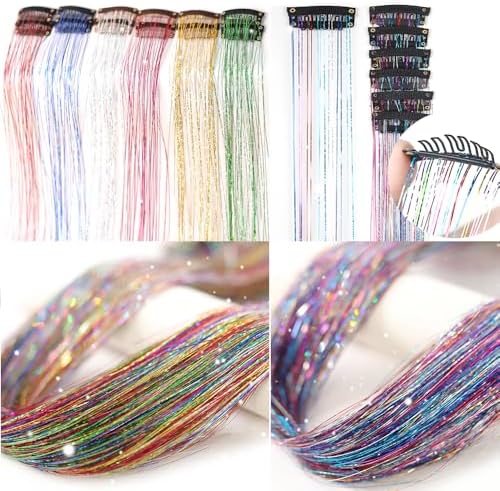 Six Color Hair Tinsel Pack of 24 Inch Clip in Hair Tinsel Colorful Glitter Tinsel Hair Extensions Tinsel Fairy Hair Party Dazzle Hair Accessories Strands Kit(6 Pcs Colorful+6 Pcs Six Color#) - Image 2