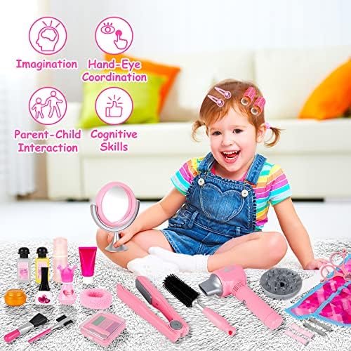 deAO Hair Salon Toys for Girls Beauty Salon Set Kids Pretend Hair Styling Set with Hairdryer, Mirror, Curling Iron and Stylist Accessories for Toddler Makeup Party Christmas (Fake Makeup) - Image 3