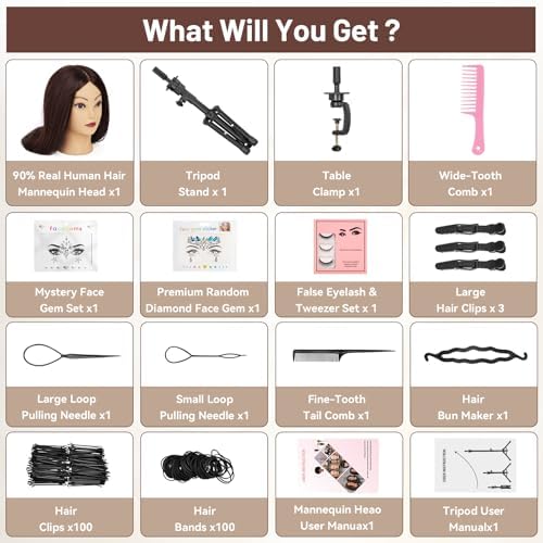 TwoWin 26"-30'' Mannequin Head Human Hair, 90% Human Hair with Tripod Stand, Face Gem Hairdressing Training Doll Head with Tripod & Clamp, Styling Practice Manikin for Cutting, Braiding, Makeup, Cosmetology Students - Image 2
