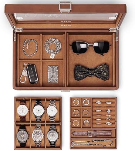 VLANDO Watch Box,Faux Leather Watch Case for Men,Rings Bracelet, Sunglasses, Watch Strap Storage Box Brown by VLANDO