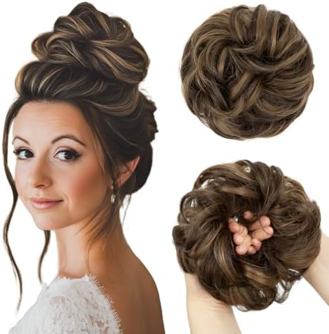 CJL HAIR Large Messy Bun Hair Piece Wavy Curly Scrunchies Synthetic Chignon Ponytail Hair Extensions Thick Updo Hairpieces for Women Coffee Brown by CJLHAIR