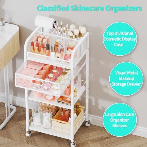HapiRm Makeup Organizer Storage Cart - Floor Skincare Make Up Organizers with 4 Drawers, Rolling Makeup Cart Vanity Organizer Cosmetics Display Cases Holder for Skin Care Nail Polish White+Wood - Image 5