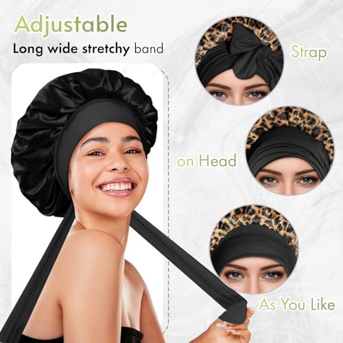 Bonnet Queen Silk Bonnet for Sleeping Satin Bonnet Hair Bonnet Satin Lined Bonnets Double Layer Bonnets Adjustable Tie Bonnets Night Cap For Curly Hair Leopard - Image 4