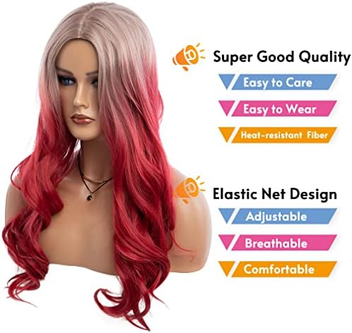 Long Curly Wavy Silver Grey to Red Wig Middle Part Natural Looking Synthetic Cosplay Wig for Women - Image 2