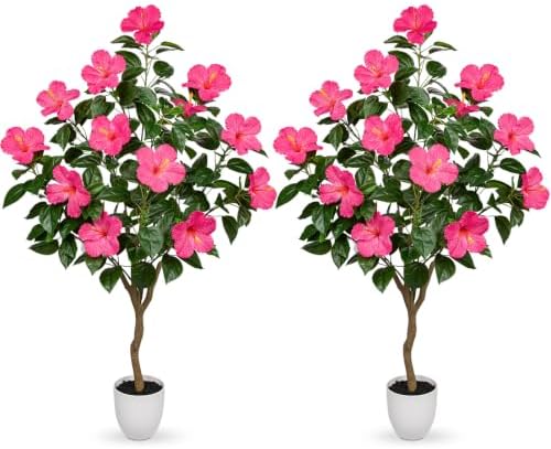 Briful 49.6" Artificial Hibiscus Trees 2 Pack, Faux Tropical Plants, Pink by Briful