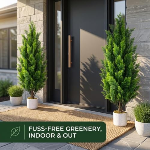 Garvee 3FT Artificial Cedar Trees 2 Pcs with White Spotted Pot - Image 4