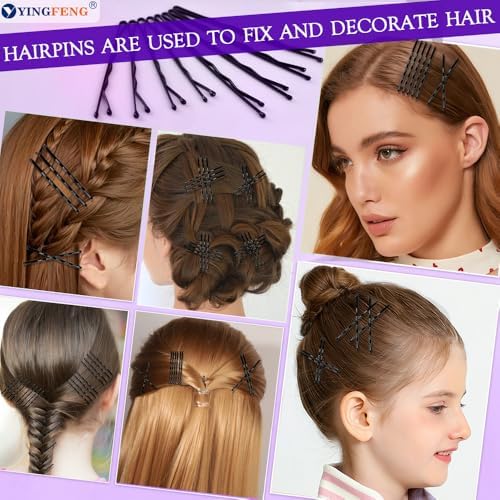 510PCS Black Bobby Pins Hair Pins Kit with Hair Net, YINGFENG Includes 100 Bobby Pins for Women, 100 U-Shaped Buns Hair Clips, 300 Hair Bands and 10 Black Hair Nets, Dance competition must haves - Image 2