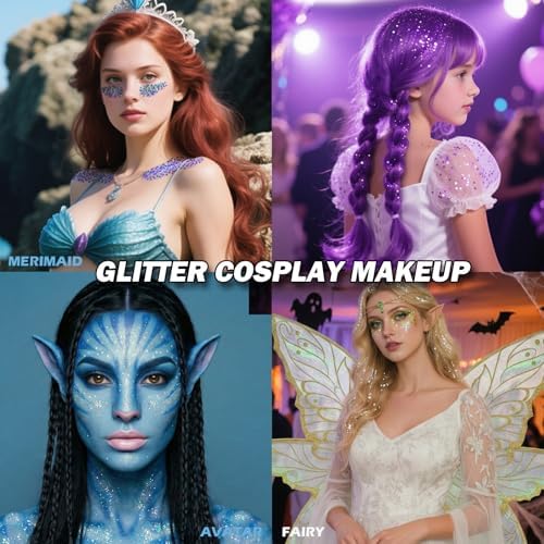 Purple Hair Glitter Stick for Kids,Waterproof Mermaid Purple Body Face Glitter Stick,Mardi Gras Accessories Chunky Sequins for Singer Concert Festival,Halloween Glitter Cosplay Makeup - Image 6
