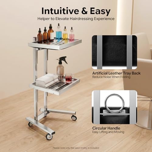 2 Tier Metal Rolling Cart, Stainless Steel Salon Tray with Wheels, Foldable Utility Carts, Folding Salon Tray Trolley for Tattoo (Silver) - Image 5