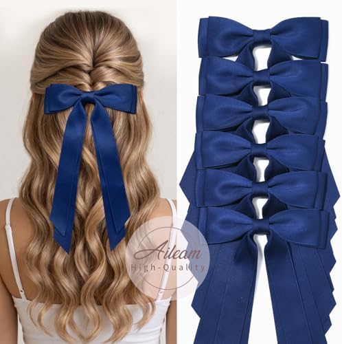 6PCS Navy Blue Hair Bows, Large Ribbon Bow Hair Clips for Girls Women Cute Ponytail Holder Accessories for Toddlers Kids Teens - Image 6