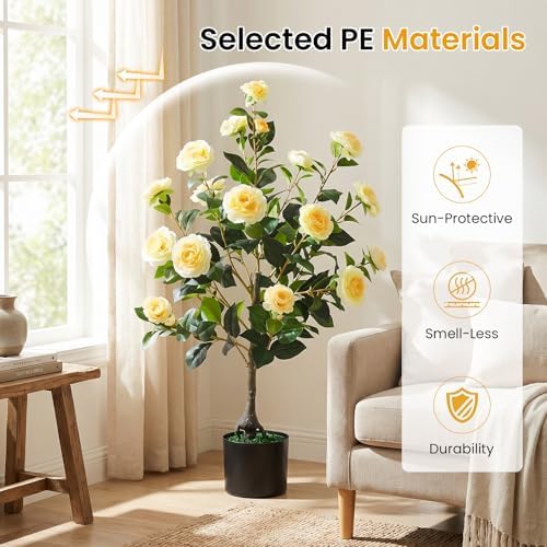 Goplus 35.5’’ Artificial Camellia Tree, Flower Plants Artificial Tree - Image 4