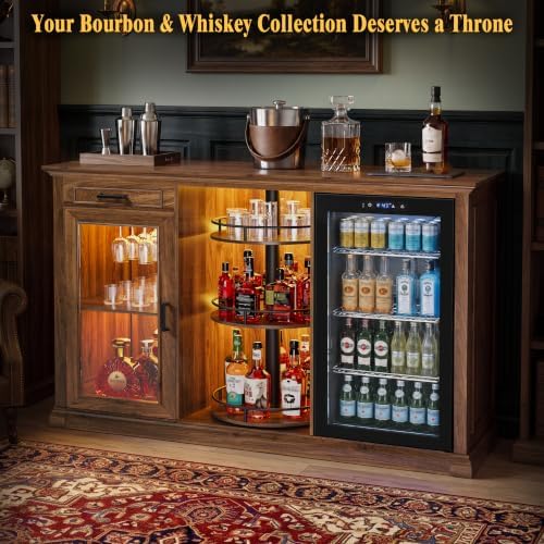 GDLF 60.2-Inch Home Bar Cabinet with Fridge Space, Warm Amber LED, Walnut - Image 3