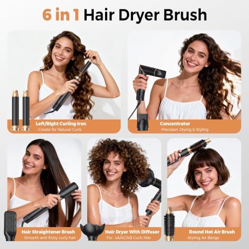 6 in 1 Hair Dryer Brush, Foldable Blow Dryer Brush with Air Styler Curler Wrap, Detachable Hot Air Brush Dry,Volumize, Straight,Curl, Negative Ion Brush Blow Dryer with Diffuser, Hair Styler Tools - Image 3