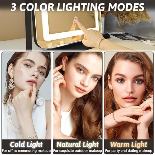 FENNIO Vanity Mirror with Lights 19"x22" - LED Lighted Makeup Mirror,Large Makeup Mirror with Lights,Touch Screen with 3-Color Lighting,Led Mirror Makeup,Dimmable, for Vanity Desk Tabletop, Bedroom - Image 2