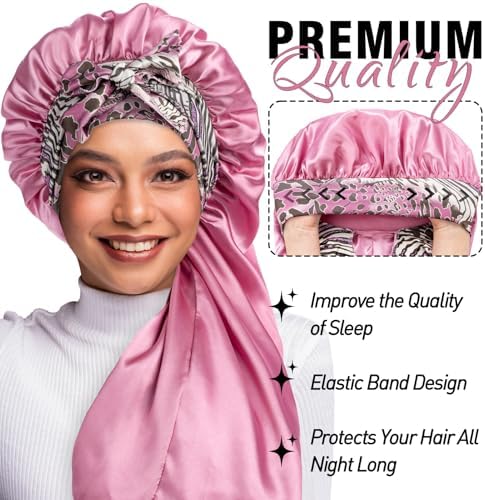 2Pcs Bonnets for Black Women Braid Bonnet, Large Long Satin Silk Bonnet for Braids,Black Women Braid Bonnet with Stretchy Tie Band for Sleeping Extra Long (Purple & Pink Pattern) - Image 2