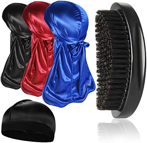 3pcs Silky Durag with Wave Brush for Men 360, Medium/Hard Hair Brush Kits,B by Heniho