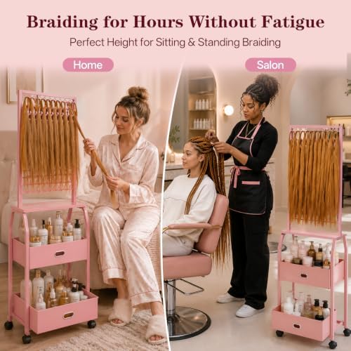 Portable Braiding Hair Rack with Wheels & Storage Drawers,2-Sided 288 Pegs,Hair Extension Holder Hanger for Braiding Hair Separator Stand Display,Hair Rack with Stylist Hair braiding Tools（Pink） - Image 5