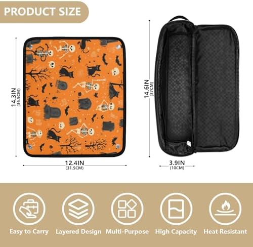 Hair Tools Travel Bag with Heat Resistant Mat 2-in-1 Hot Tools Travel Bag Organizer Flat Curling Iron Travel Case for Straightener Halloween Orange Skeletons Cat Bats Tombstones Trees - Image 4