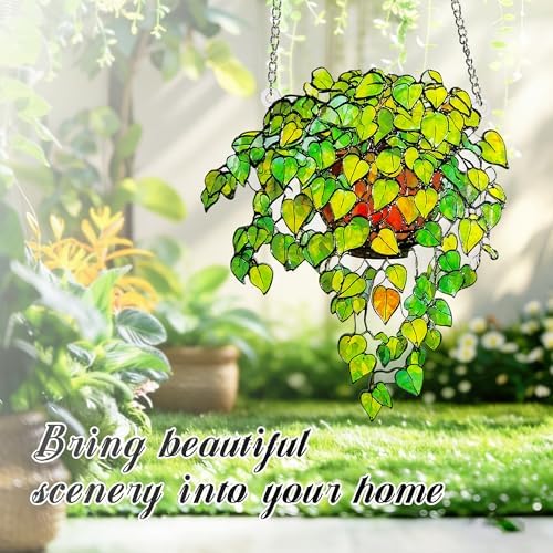 Plant Suncatcher Glass, Stained Glass Suncatcher Plant Window Hanging, Unique Nature Lover Gifts Leaf (Green) - Image 2