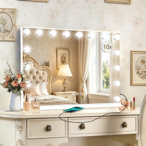 Ratsamee 26" x 20" Hollywood Vanity Mirror with Lights, 16 Dimmable Bulbs, 3 Color Lights,Make Up Lighted Mirror, Aluminum Metal Frame, USB Charging Port by RATSAMEE