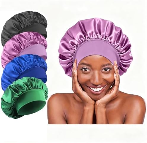 4Pcs Silk Satin Bonnets for Sleeping - Elastic Wide Band Wrap for Black Women Men,Silk Bonnets for Curly Hair,Large Hair Cap for Sleeping (Black+Purple+Blue+Green) by Unknown