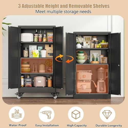 47" Metal Garage Storage Locker Cabinet with Wheels,Rolling Black Kitchen Pantry Cabinet with 2 Doors and 3 Adjustable Shelves, Steel File Tool Cabinet for Home Office Living Dinning Room Warehouse - Image 3