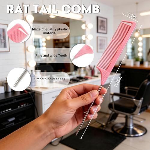 Rat Tail Combs Set: 3Pcs Long Steel Pin Teasing Combs for Salon Hair Stylists, Metal Parting Combs for Women (Purple, Black, Pink) - Image 3