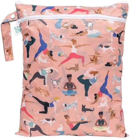 Bumkins Waterproof Wet Dry Bag for Baby, Travel, Swim Suit, Cloth Diapers, Pump Parts, Pool, Beach, Gym Clothes, Toiletry, Hook to Stroller, Daycare, Zipper Reusable Wetdry Packing Pouch, Yoga Pals by Bumkins