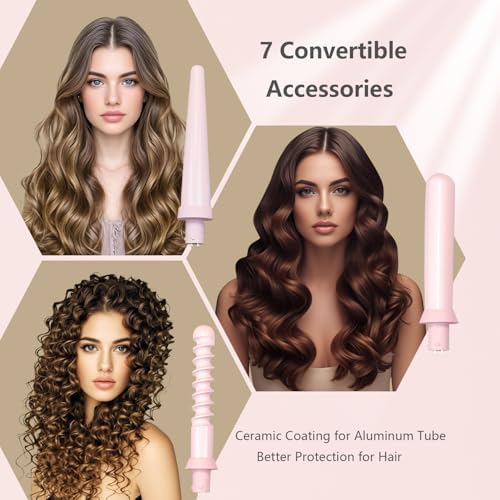 Curling Iron Set 7-in-1, Multi Curler Wand Set with Hair Straightener, Interchangeable Barrels(0.6"-1.25"), Crimper Styling Tools, Heated Round Brush for Wavy, Curling, Straightening - Image 3