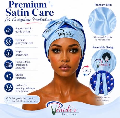 Venide's Reversible Satin Bonnet for Women - Adjustable Tie Strap Sleep Cap for Curly & Natural Hair - Image 2
