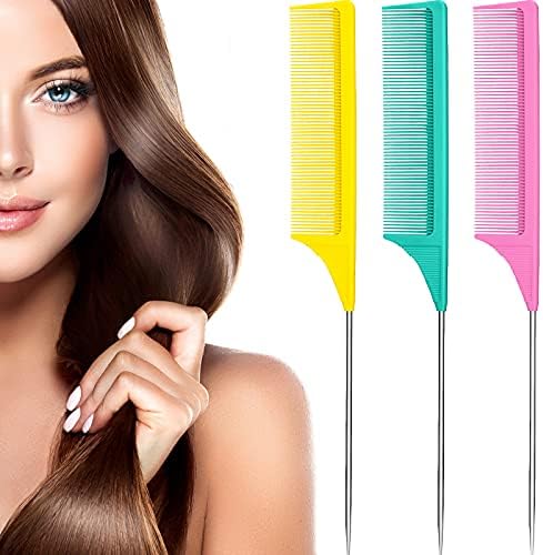 Leinuosen 3 Pack Rat Tail Comb Carbon Fiber,Yellow, Pink, Green by Leinuosen
