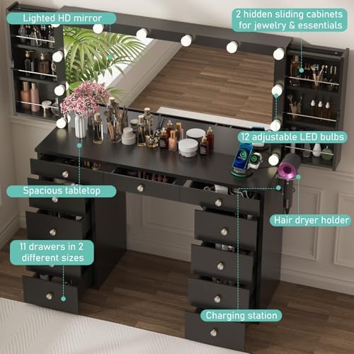 Likein Black Makeup Vanity with Lighted Mirror, 11 Drawers Dressing Table - Image 5