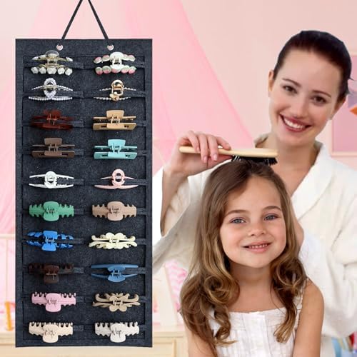 SMUK Claw Clip Organizer for Women, Hanging Mount Hair Clips Holder Organizer for Girls, Hair Bow Claw Clip Stand Storage for Wall, Door, Closet, Horizontal Dark Gray - Image 3