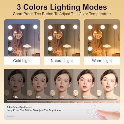 Hasipu Hollywood Vanity Mirror with Lights and Bluetooth Speaker, 35" x 24" Makeup Mirror with 16 Dimmable LED Bulbs 3 Color Modes, 5X Magnifying Glass, Touch Control, USB and Type-C, Tempered Glass - Image 3
