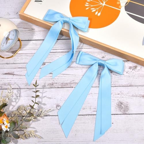 2PCS Silky Satin Hair Bows Hair Clip Blue Hair Ribbon Ponytail Holder Accessories Slides Metal Clips Hair Bow for Women Girls Toddlers Teens Kids - Image 6